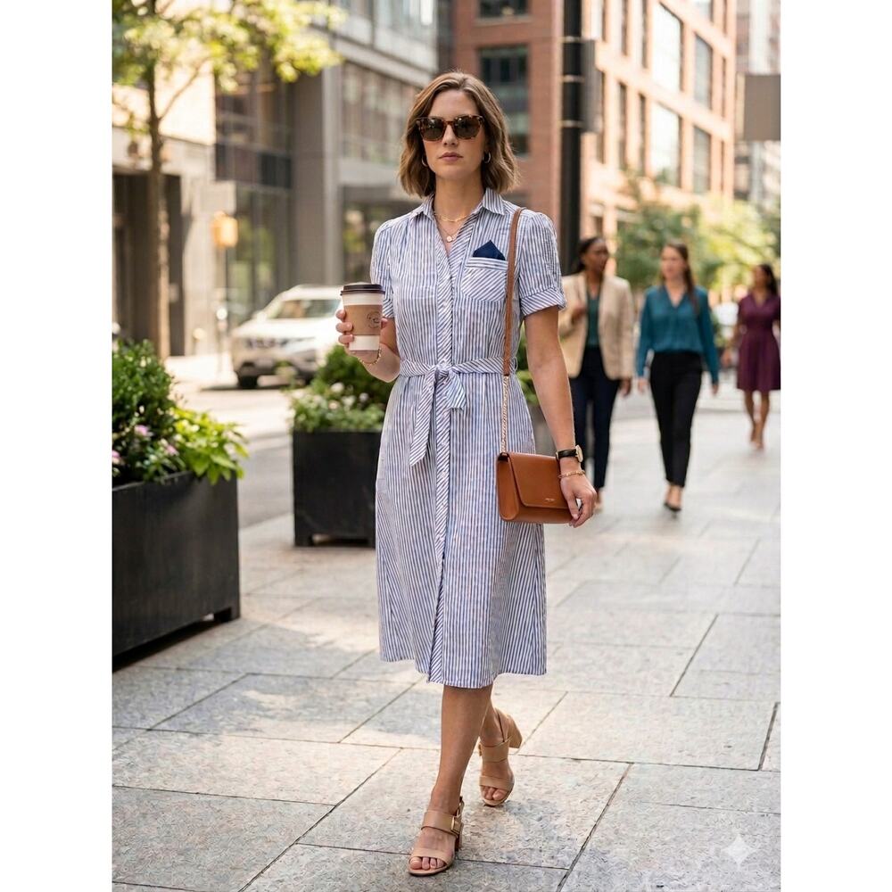 Sz 4P VINTAGE SCHRADER SPORT PETITES Blue Seersucker Short Slv Shirt Dress